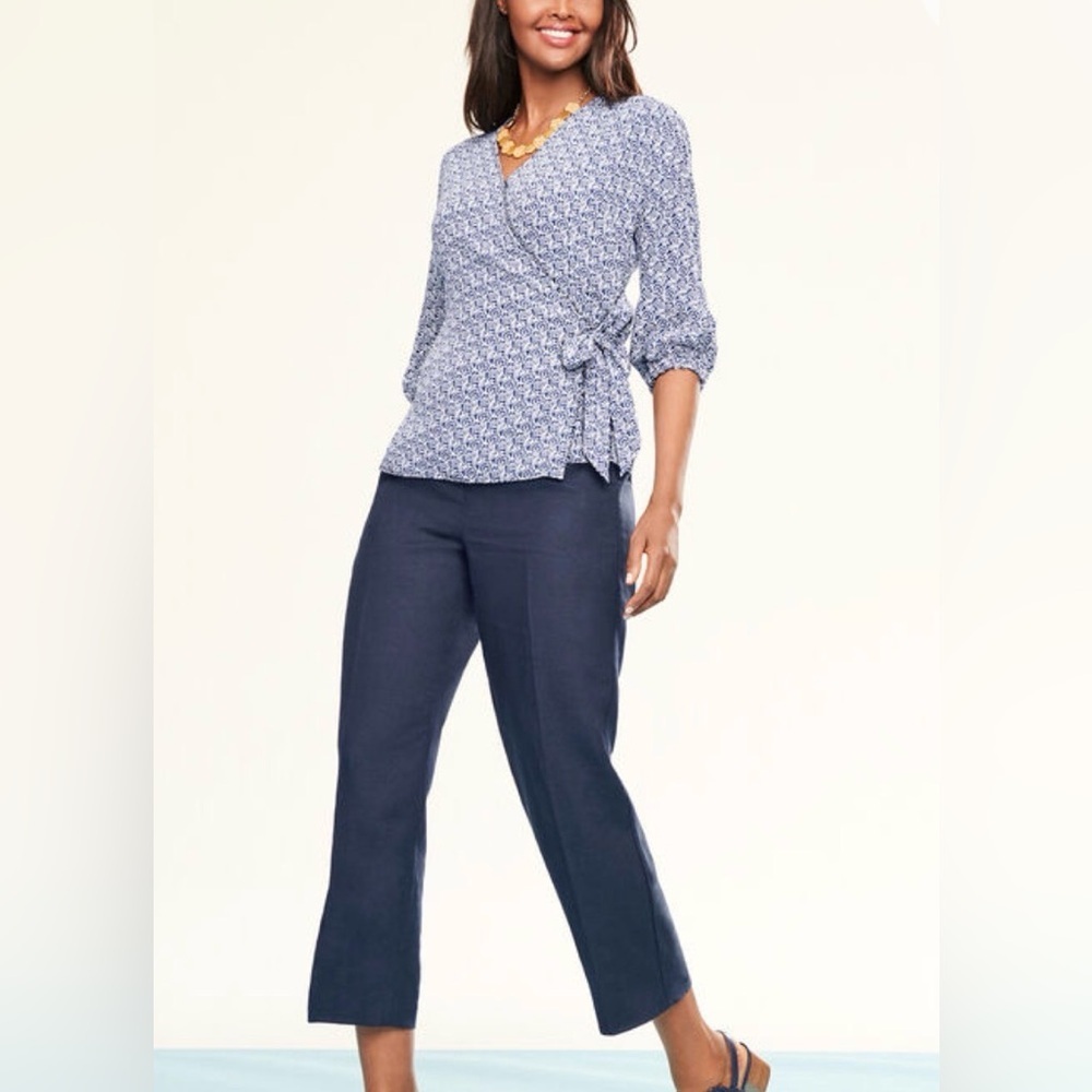 Talbots Petite M Navy Blue Print Faux Wrap V-Neck Viscose Blouse Hip Length - Picture 2 of 9